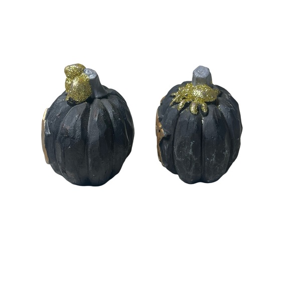 Boo Eek Black & Gold Pumpkin Set of 2 Concrete 4” x 3.5” Decor - Picture 7 of 14